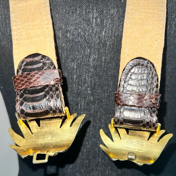 Vintage Women’s Gold Tone Leaves Buckle with Genuine Dark Brown Snake Skin Belt - Picture 9 of 16